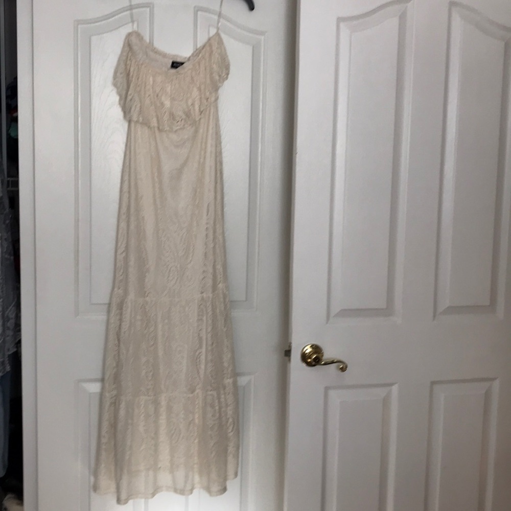 Off white lace long strapless dress
